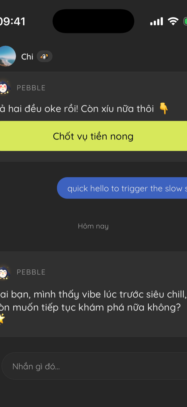 A chat where Pebble suggests settling the bill and re-opening the conversation