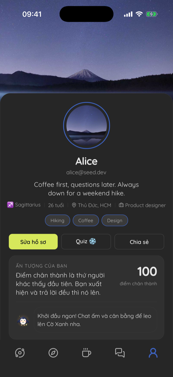 A Pebble profile showing the Sincere Score of 100 points