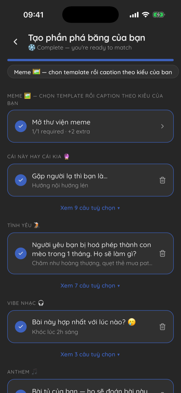 The deck builder, showing meme, this-or-that, love and music sections completed
